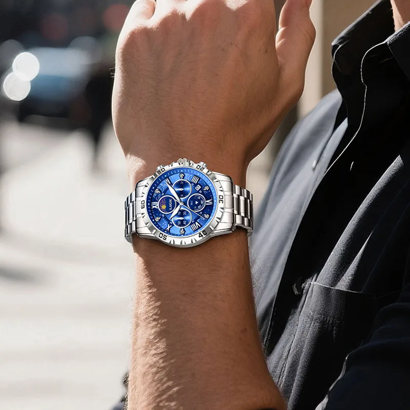 LIGE New 24 Hour Moon Phase Watch Men Fashion Sports Men Watch Waterproof Stainless Steel Luminous Quartz Wristwatches For Men