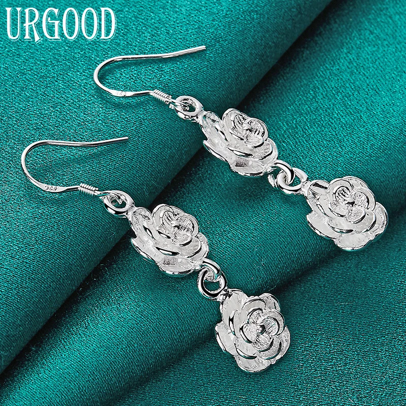 

925 Sterling Silver Two Rose Flowers Drop Earrings For Women Party Engagement Wedding Fashion Jewelry Gift