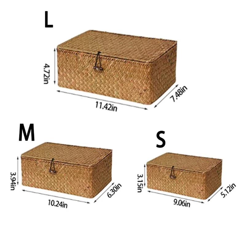 Shelf Baskets with Lid Set of 3 Handwoven Seagrass Storage Box Wicker Basket Desktop Makeup Organizer Multipurpose Container 4
