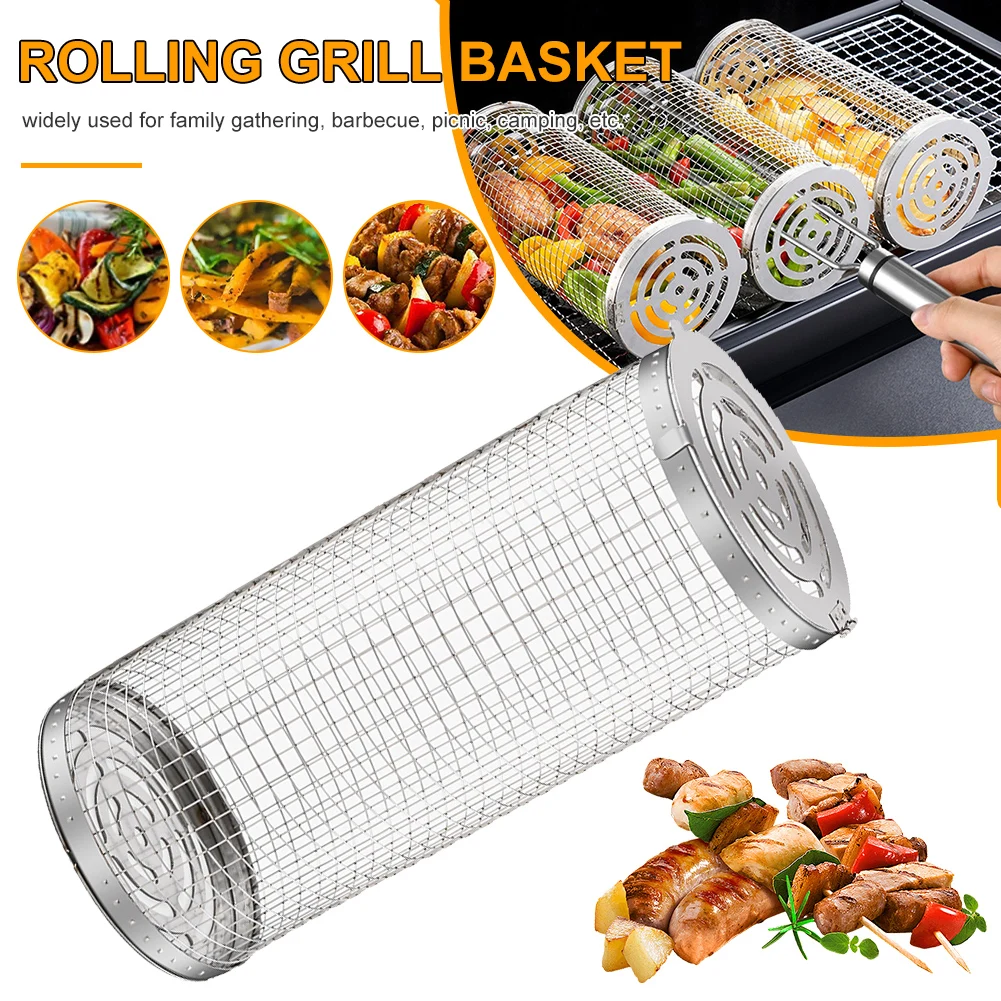 

Rolling Grilling BBQ Basket Stainless Steel Leakproof Mesh Barbecue Rack Outdoor Picnic Camping Simple Cylindrical BBQ Grill