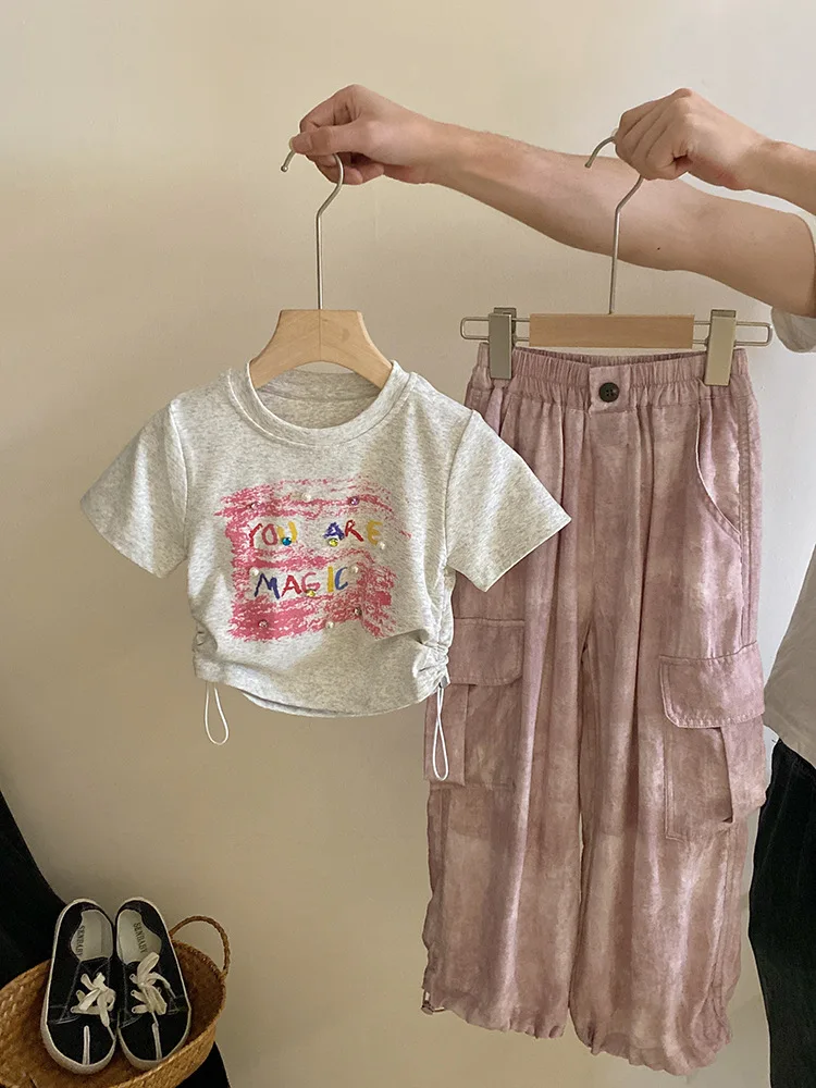 

Little Girl Rhinestone Pearl Letter Short Sleeve Top2024Summer Fashionable Style Comfortable Tie-Dyed Overalls Two-Piece Suit Fa