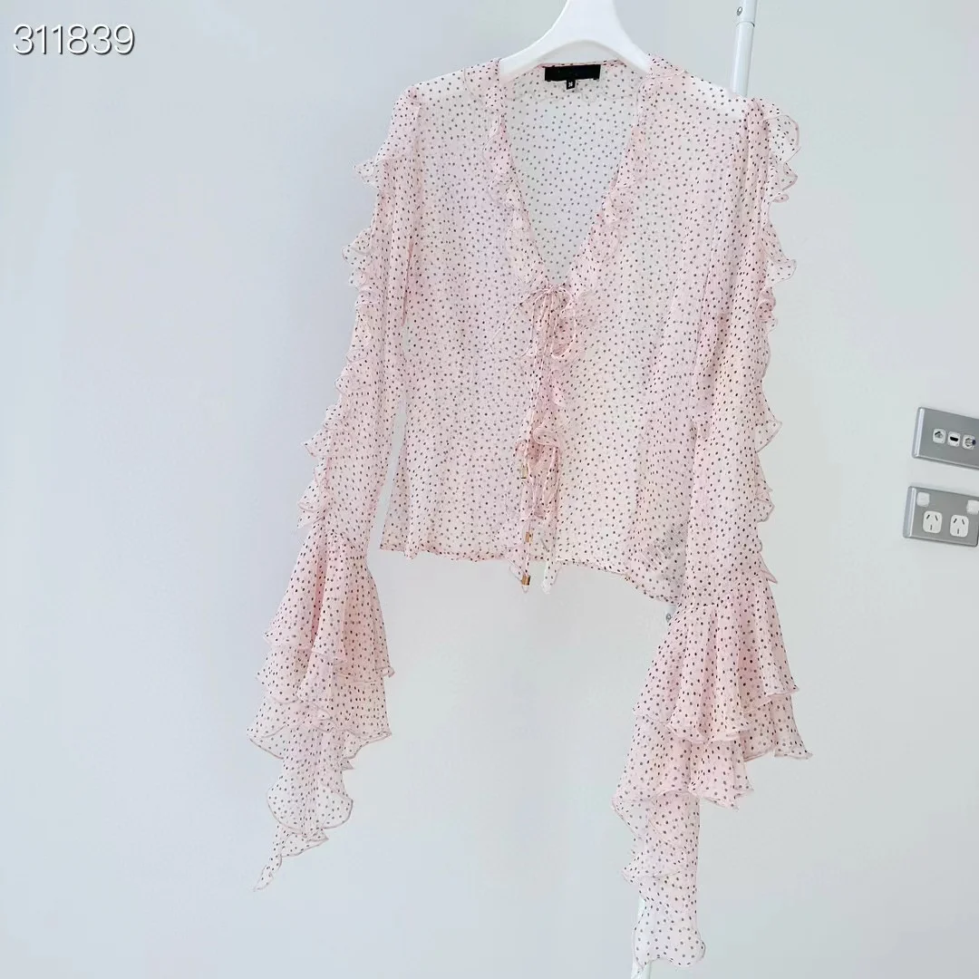 

Fyion Fashion Luxury Silk Blouse 2023 Summer Spring New Design Women Runway Dot Print High Quality Pink Blouse