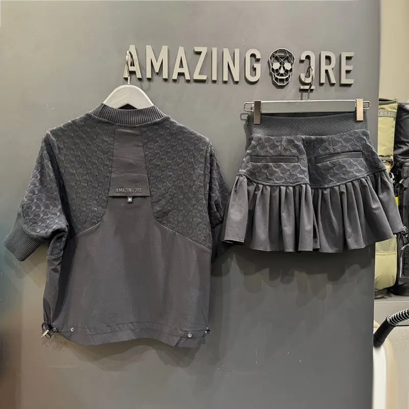 AMAZINGCRE New Women's Golf Outdoor Leisure Sports Short-sleeved Top Ruffle Edge Skirt Fashion Suit