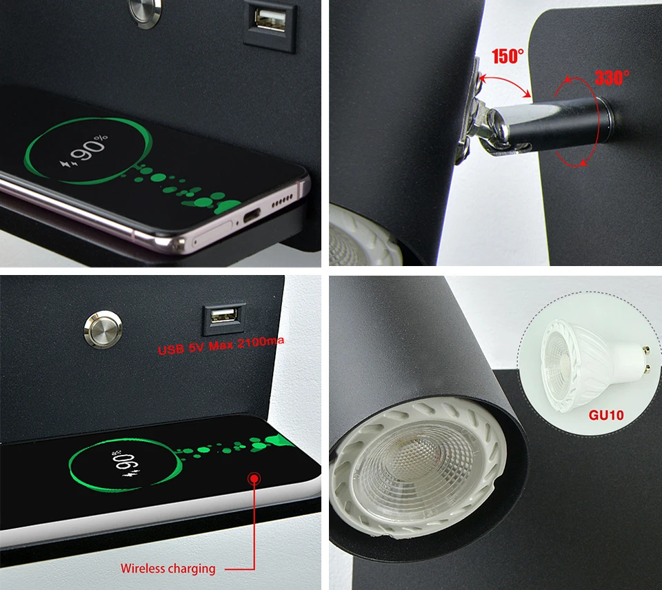 Modern Wireless charging Indoor Wall lamp GU10 5W Blub USB Lighting switch reading wall light for Living room Bedside sconce luminai led wall lamp wall sconces light wall lamp