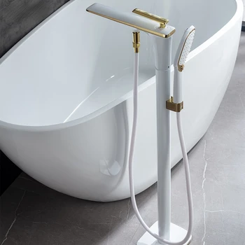 White Freestanding Bathtub Water Mixer with Hand Shower