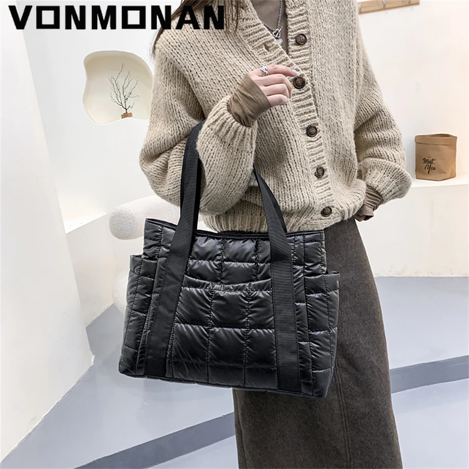 Winter Textured Padded Duffel Bag for Women 2022 Big Totes Plaid Shoulder Hand Bags Designer Handbags Space Cotton Shopper Sac