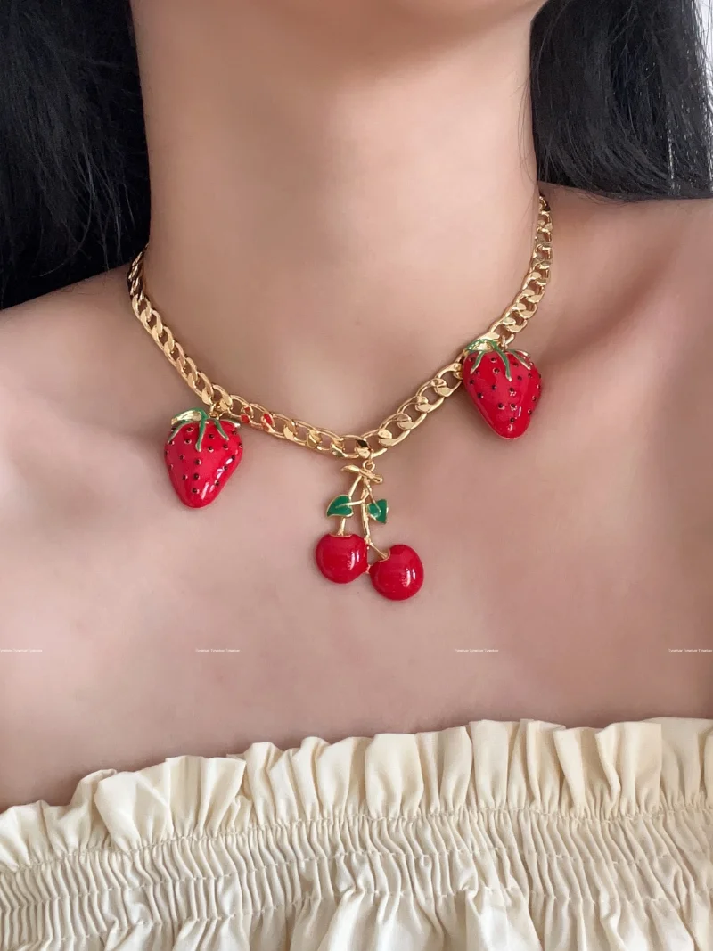 

Timeless Wonder Fancy Enamel Cherry Strawberry Charms Necklace for Women Designer Jewelry Trendy Luury Brand Party Gift Top 4352