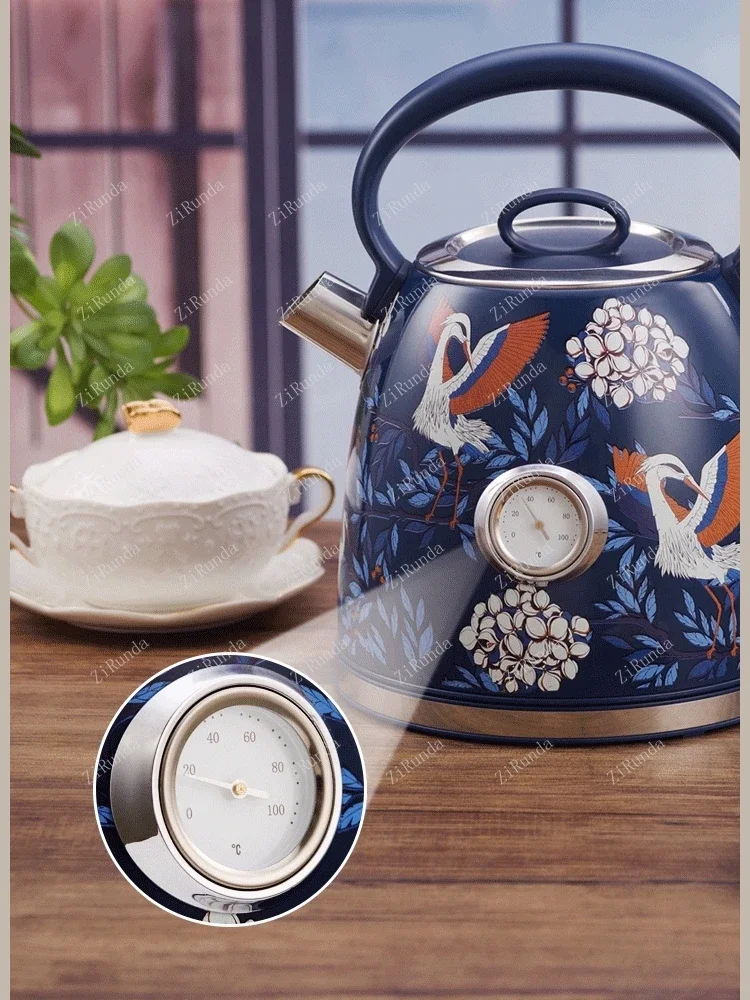 #T 1.7l Large Capacity 304 Stainless Steel Vintage Crane Printing Electric Kettle Boiling Water Blue 2