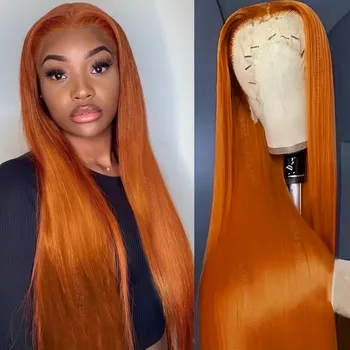 Ginger 13X6 Hd Lace Frontal Wig Straight Human Hair Wigs Orange Colored Preplucked 250 Density Human Hair For Women 36 Inch 1