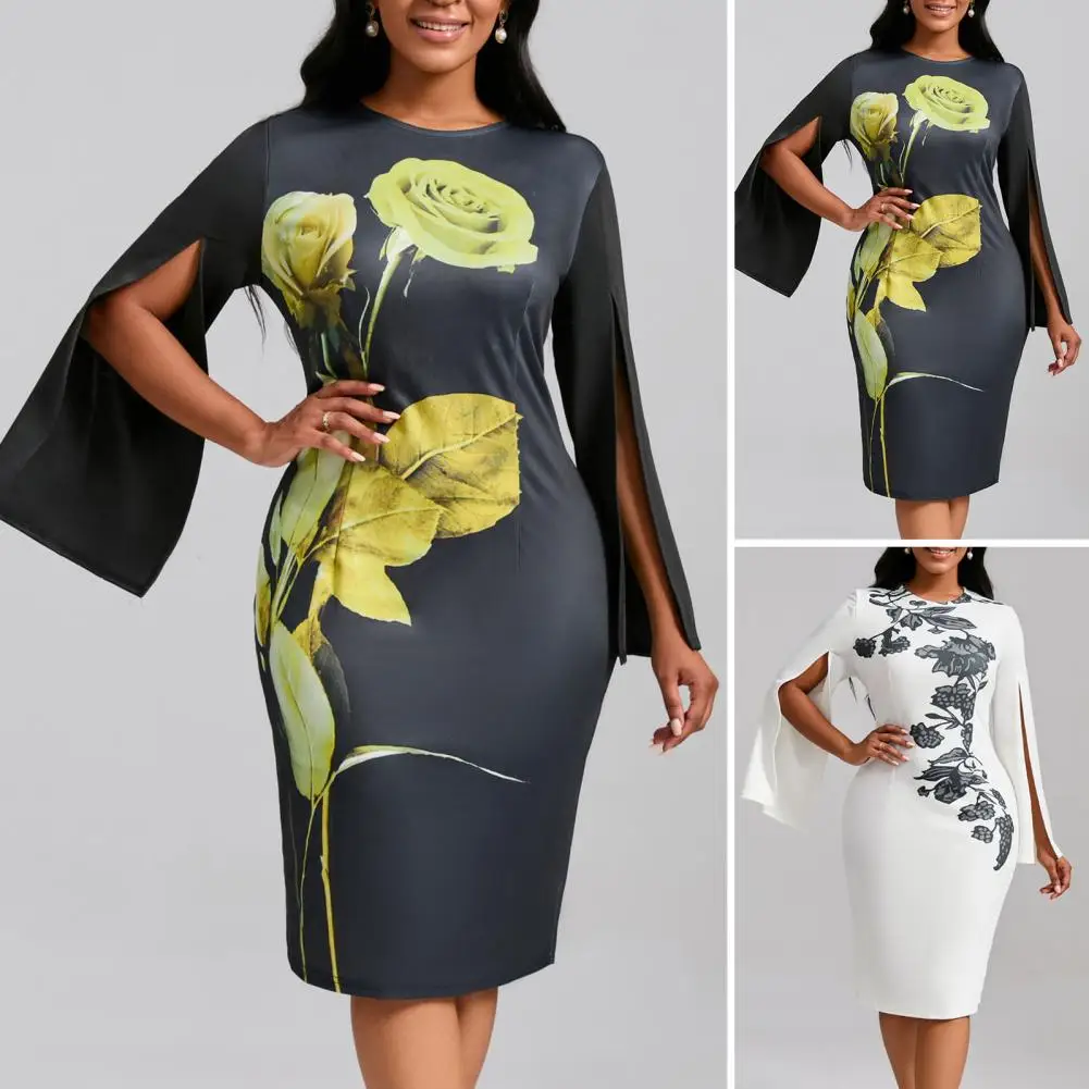 

Long-sleeved Midi Dress Floral Print Sheath Dress Elegant Knee-length Evening Attire for Spring Fall Parties Proms Banquets