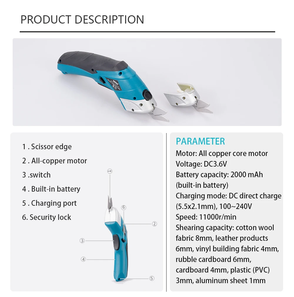 3.6V Cordless Electric Scissors Rechargeable Sewing Shear with 2