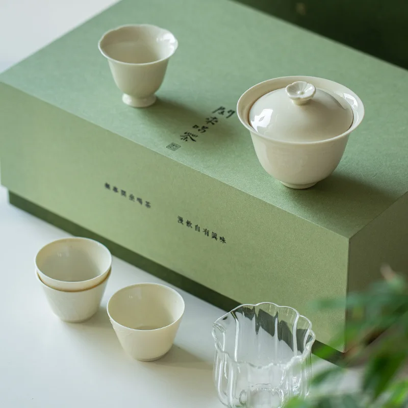 

Dingyao White Plum Small Set High end Household Living Room Cover Bowl Tea Set Gift Set