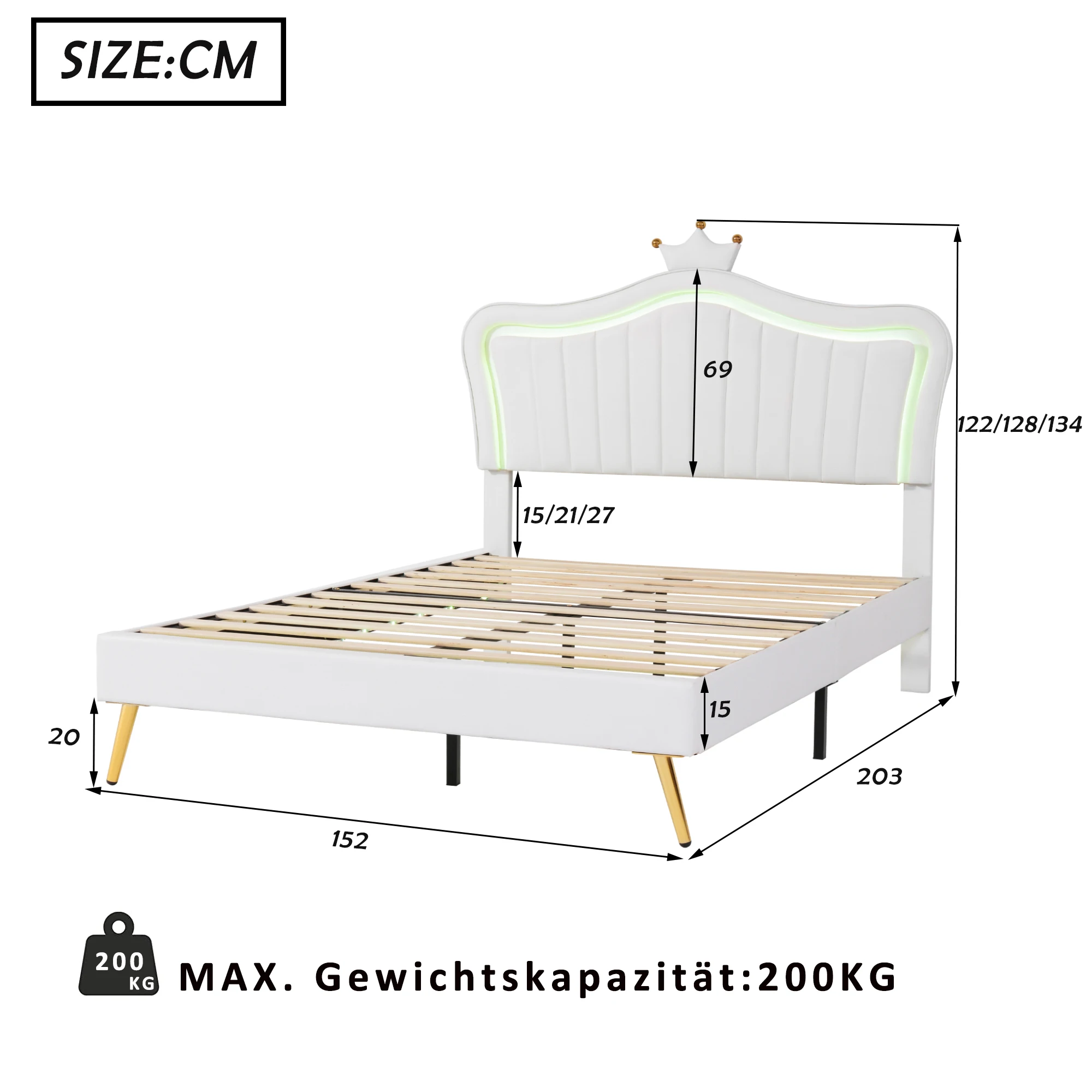 KOMHTOM PU Kinderpolsterbett 90x200 cm mit Kronendesign LED Leuchten Lattenrost und Rückenlehne Matratze nicht enthalten – Detail 14