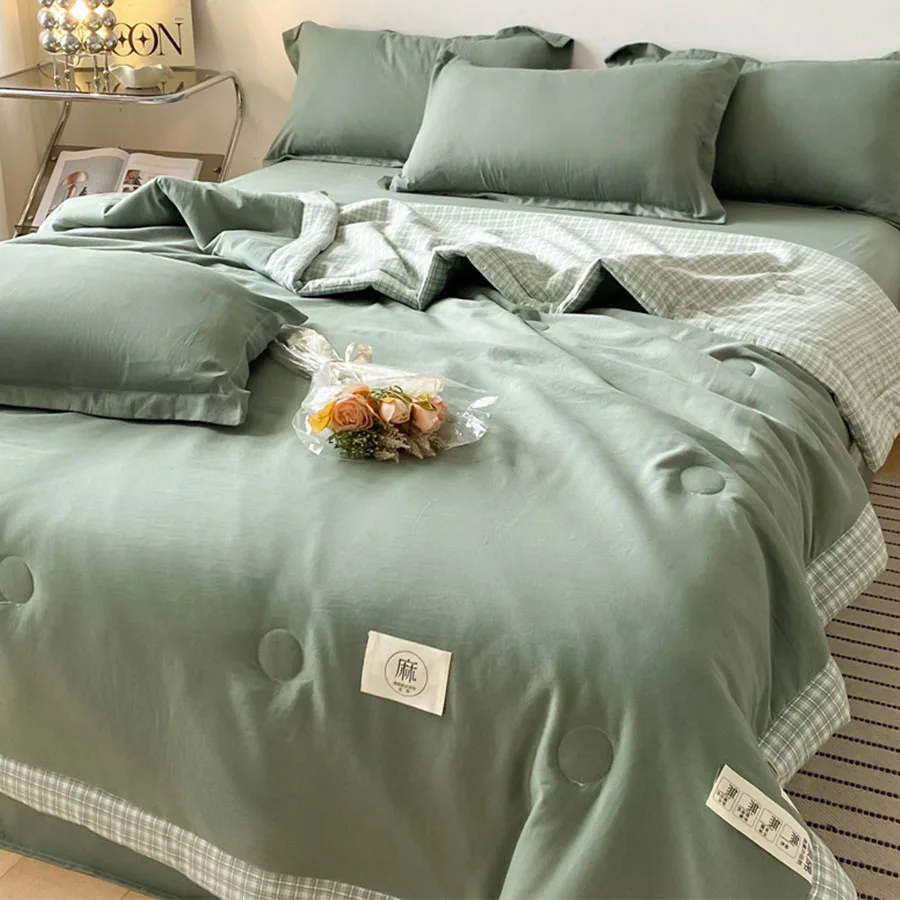 KDJEIKZ The New Washed Cotton Summer Is A Version Of Solid Color Thin Air Conditioning Is B Version Of Lattice Cooling Blanket summer quilt