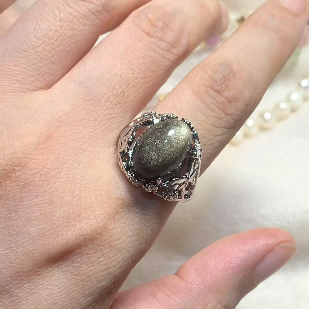 Natural Obsidian Ring Adjustable Female Classic Ring Jewelry for Women Gift Wholesale High Quality Vintage Fine