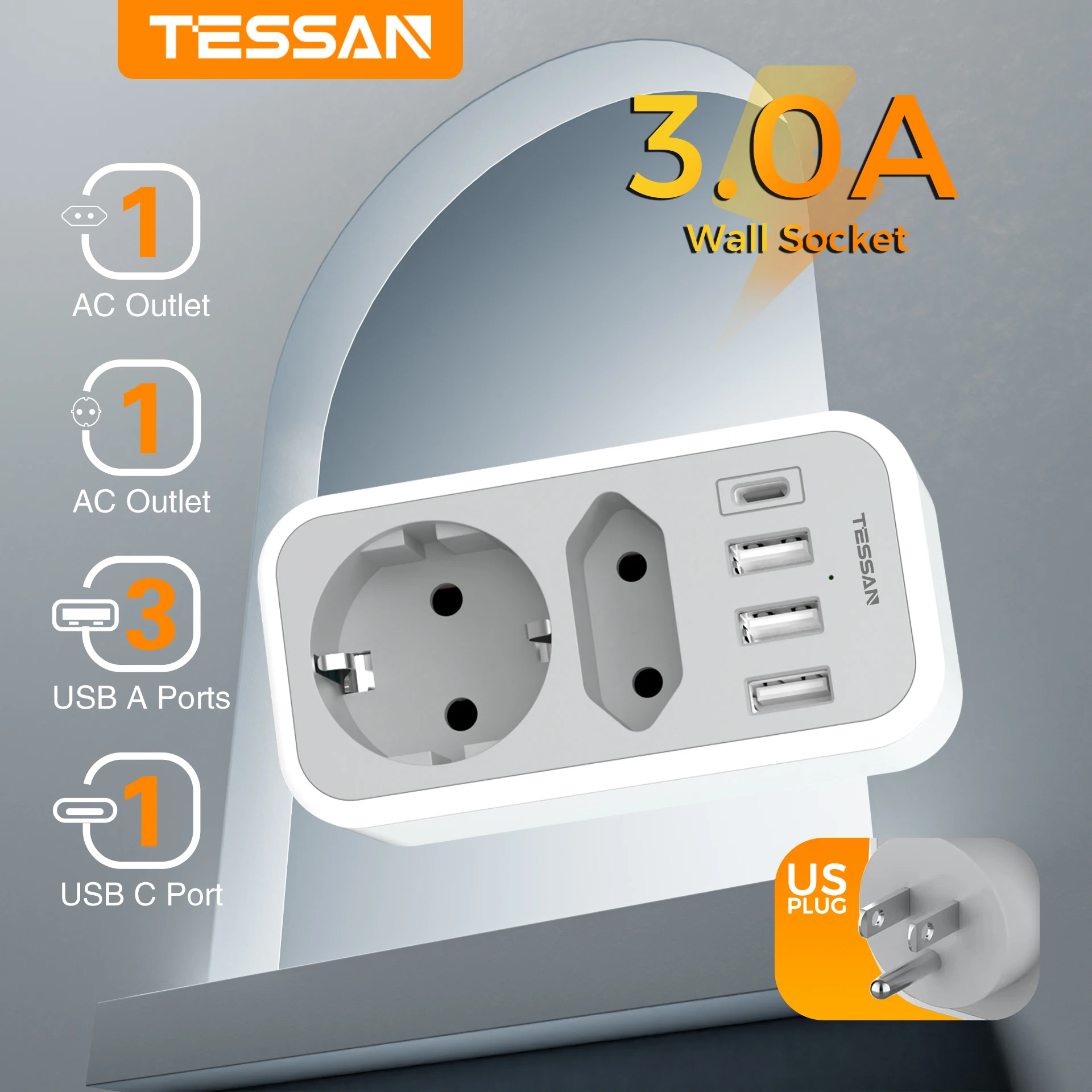 Power Plug Adapter Plug Adapter Electrical Socket TESSAN EU to US Travel Aadapter with 2 Outlets 3 USB 1 USB C Socket for Canada Thailand Mexico Travel Type B