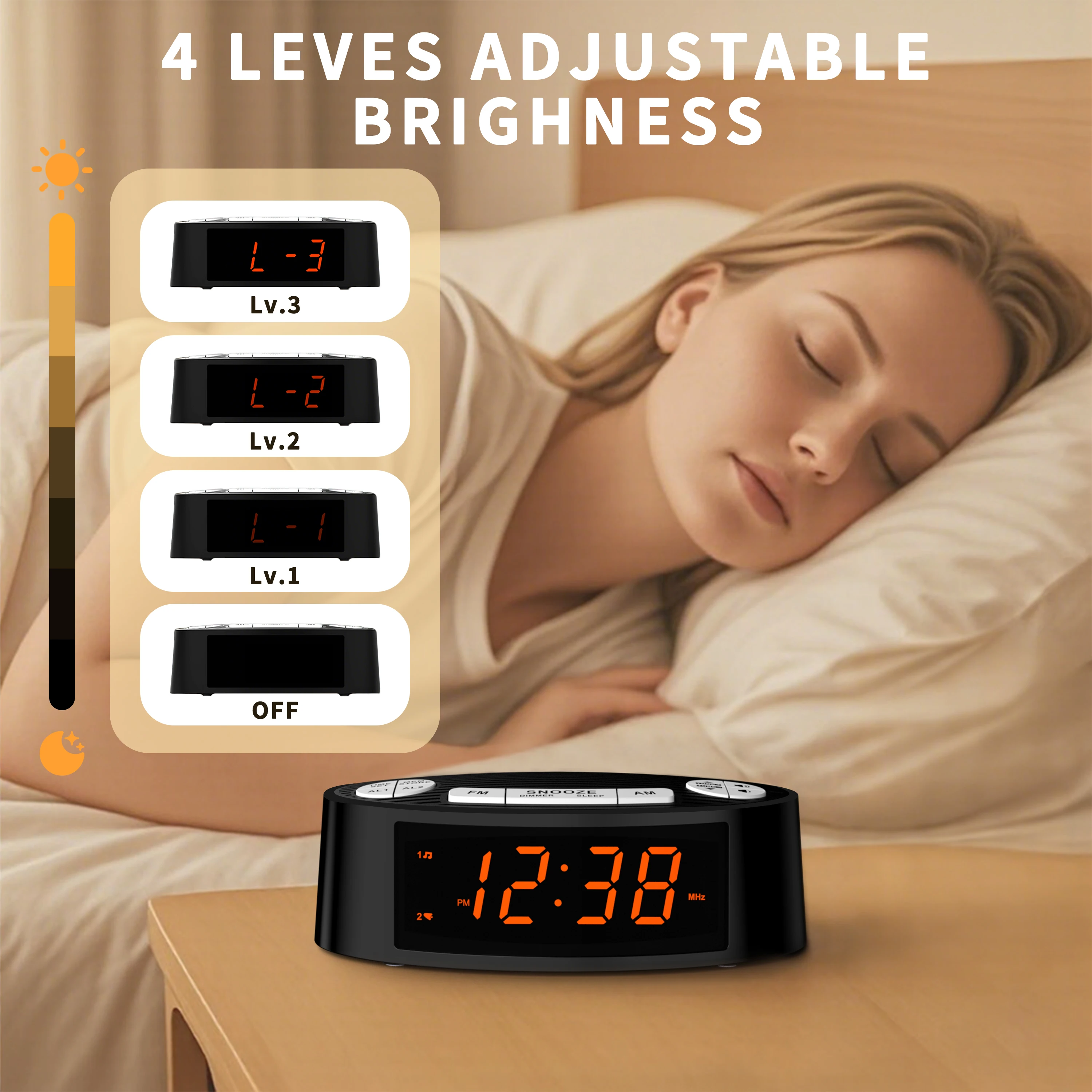 AM/FM Alarm Clock Radio with Dual Alarm Sleep Timer & Snooze Functions Orange LED Display 4-Level Dimming Option iTOMA CKS3301U 3