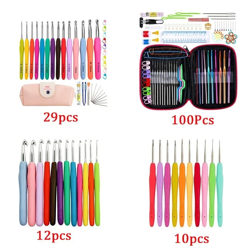 Crochet Needles 10/12/29/100Pcs Crochet Hook Set Yarn Crochet Kit Knitting Needles with Ergonomic Handles For Hands