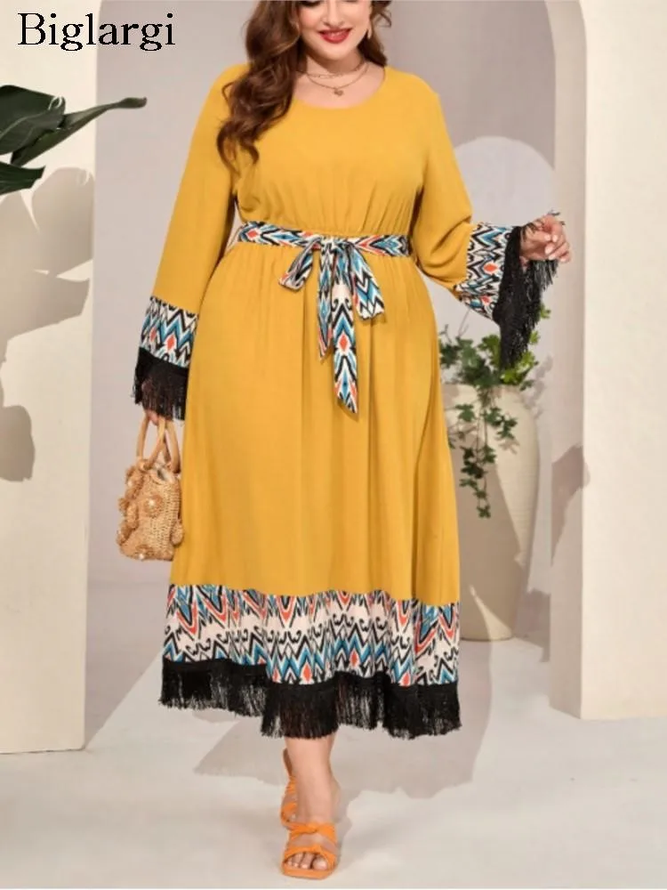 

Plus Size Autumn New Fringe Patchwork Long Dress Women Print Fashion Casual Loose Ladies Dresses Ruffle Pleated Woman Dress 2023