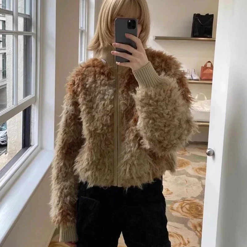 

Women New Autumn and Winter Fashion Color-blocked Zipper Stand Collar Alpaca Knitted Cardigan Jacket