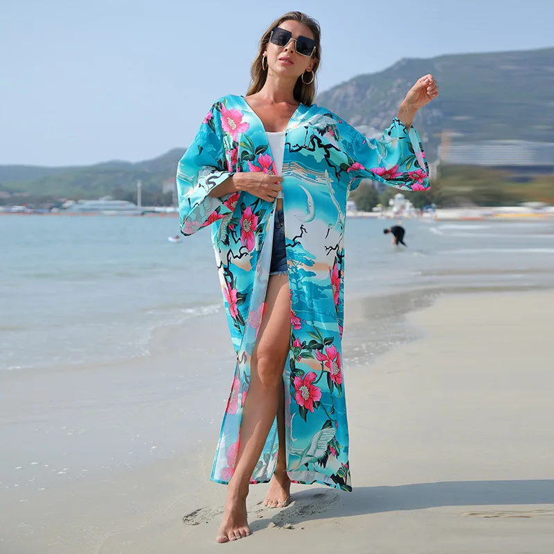 

Пикантная Пляжная накидка, туника 2022, одежда, Солнцезащитный плащ для купания, женская одежда, сарафаны с человеческим принтом, хлопковая зеленая свободная 1