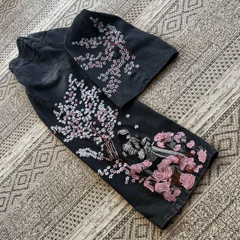 Y2K Vintage Baggy Fallen Knight Cherry Blossom Embroidery Jeans Men Women Fashion Straight Wide-leg Denim Pants Streetwear Jean