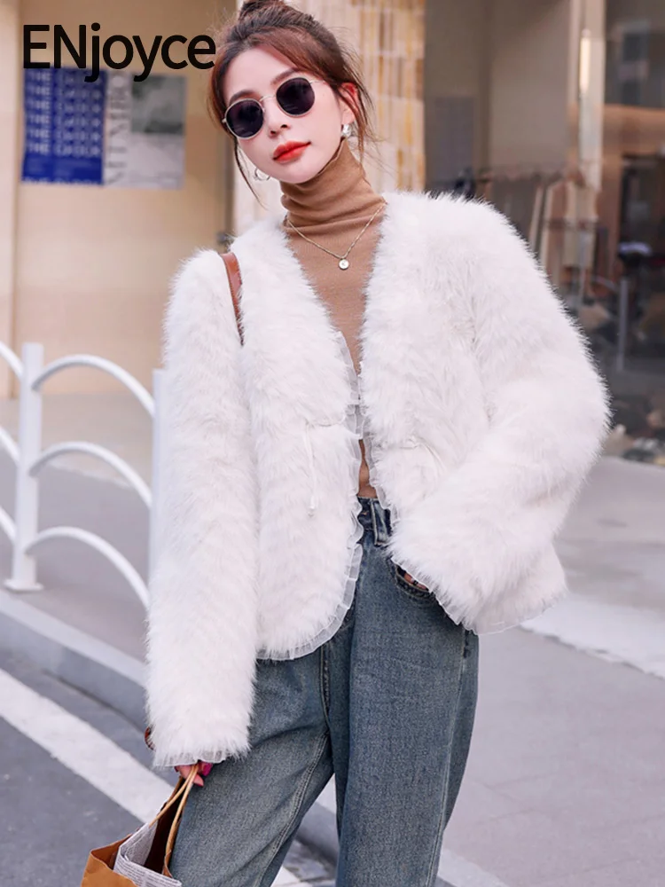 

ENjoyce Winter Women Spliced Lace Faux Lamb Woolen Jackets Korean Fashion Warm Sweet Furry Fluffy Coat Short V-Neck Outwear