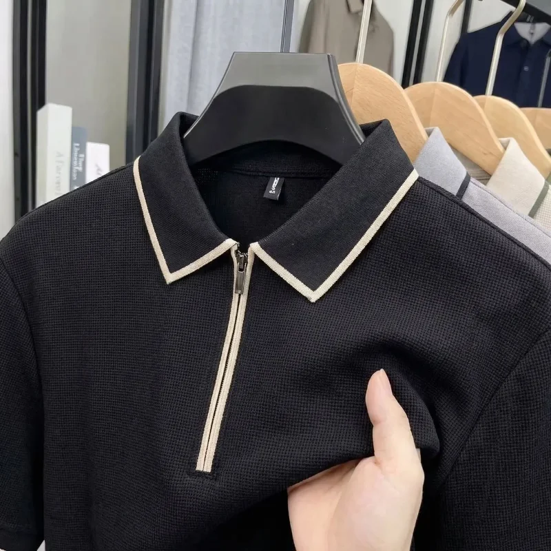 Polo in Maglia da Uomo a Maniche Corte con Mezza Zip e Bordi a Contrasto, T-Shirt Casual Business - immagine 4