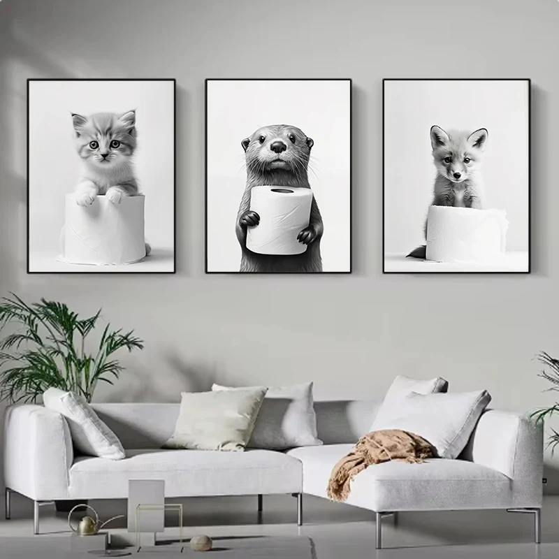 Animals Toilet Paper Art Canvas Posters for Bathroom Wall animal canvas posters