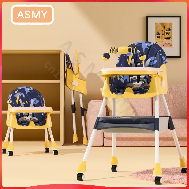 baby-dining-chair-children's-multi-functional-foldable-dining-chair-portable-baby-table-with-brakeable-universal-wheel