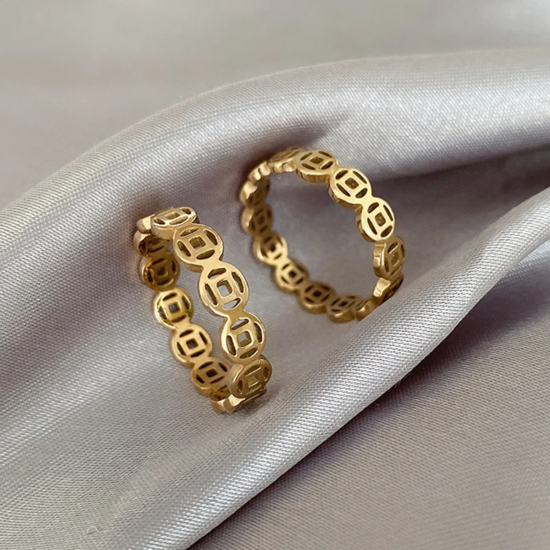 Titanium Steel Gold Ring Women Lucky Ring Money Catcher Coin Stainless