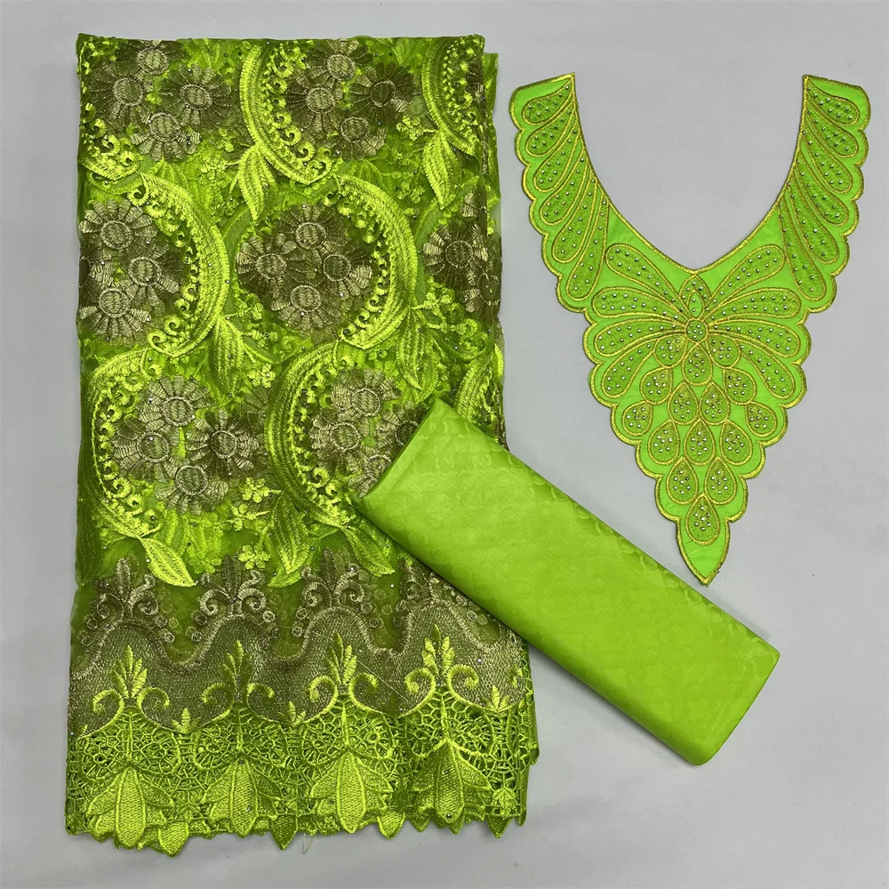 

African Bazin Riche Brode Fabric With French Mesh Net Lace Fabric 2.5+2.5 Yards/Lot +Collar Embroidery For Party b33-14