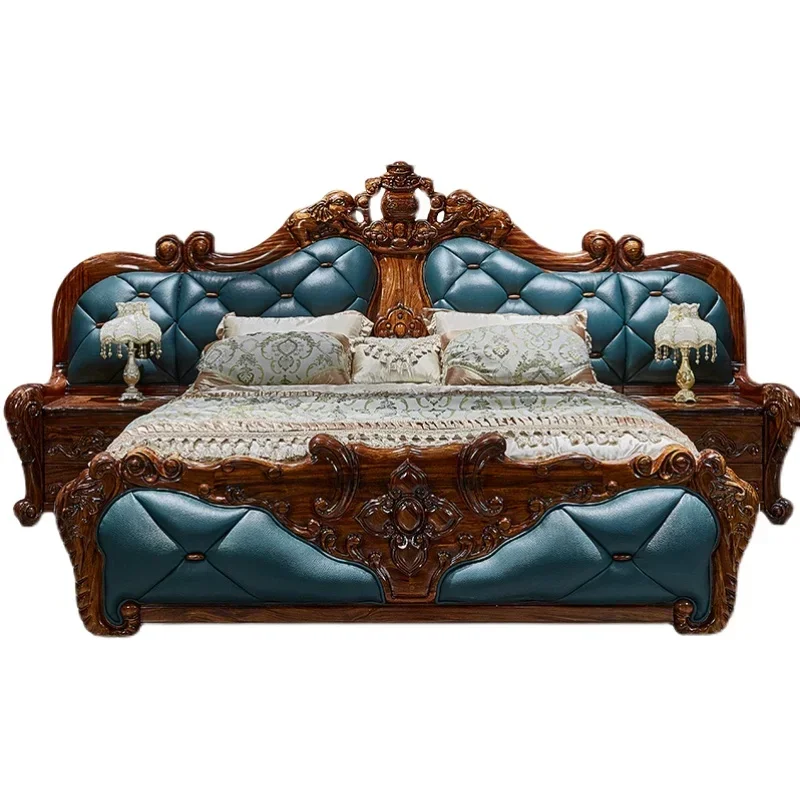 1Ugyen Wood Elephant Carved European Style Leather Bed Villa Master Bedroom Luxury Double Bed Marriage