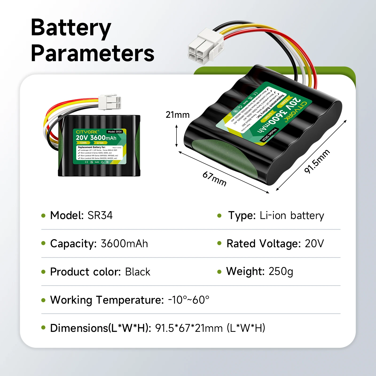 CITYORK 20V 3600mAh Ersatzakku für Landxcape Lx790/Lx790I Lx792 Lx795 Lx797 Lx835 Lx991/992 Worx Landroid S300/Wr100Sl Rasenmähroboter-Akku – Detail 4