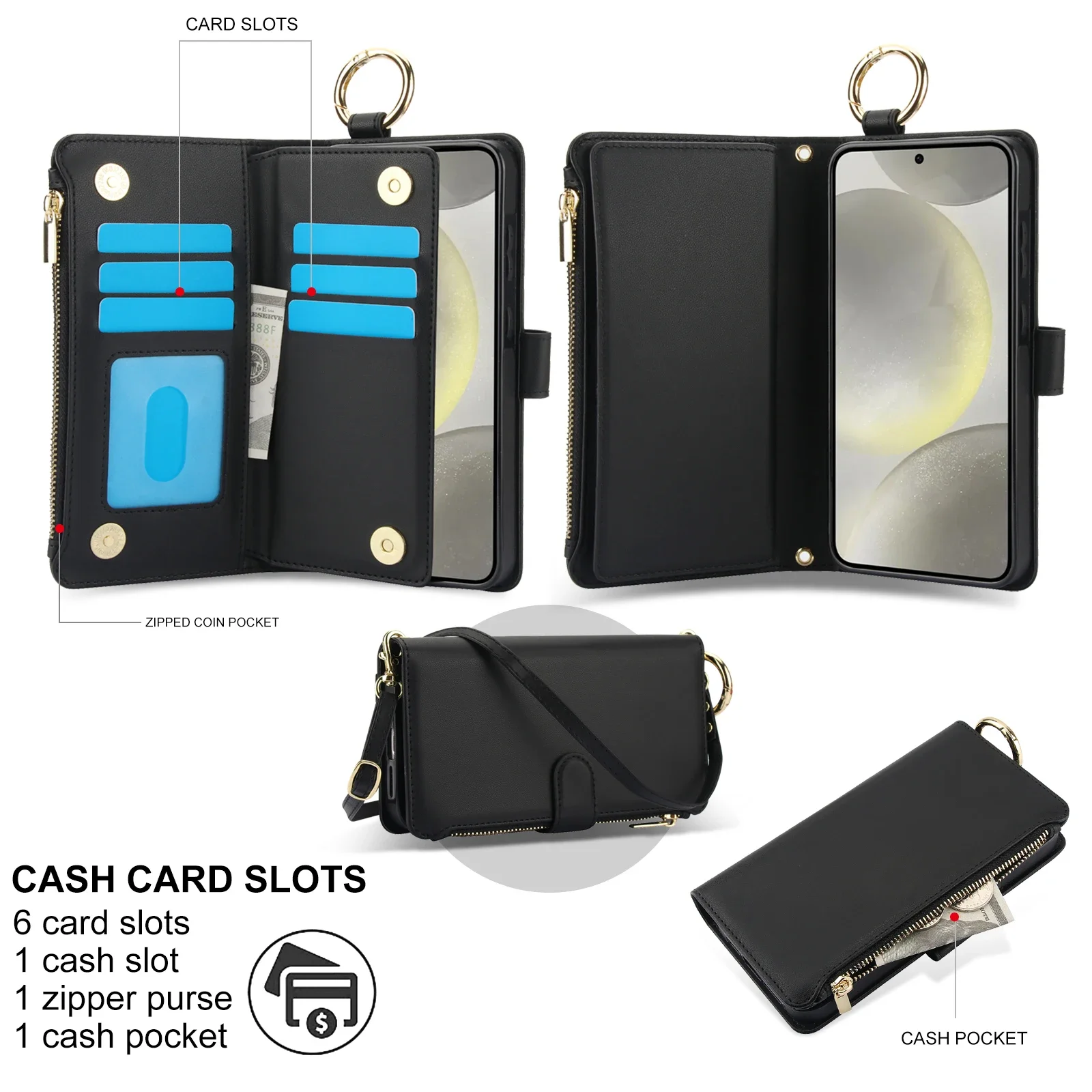 Leather Wallet Case with Ring Lanyard and Card Slots - Zipper Flip Purse Cover