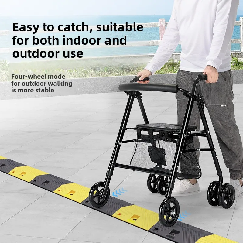 Foldable Walkesr with Seat & Adjustable Height-Mobility Aids Push Cart for Elderly,Portable Assistive Walking Support Rollator