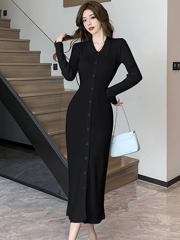 

Women Korean Vintage Hepburn Sewater Dress Autumn Winter Black Knitted Cardigan Long Dress 2023 Elegant Bodycon Party Prom Dress