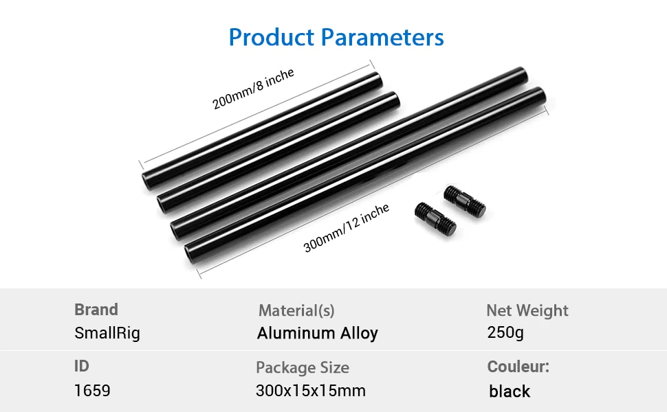 Description Picture 5 of itemSmallRig 15mm Rods Pack with M12 Thread Rod Cap Connectors Aluminum Alloy Rods for Mattebox Follow Focus 15mm Rod System - 1659