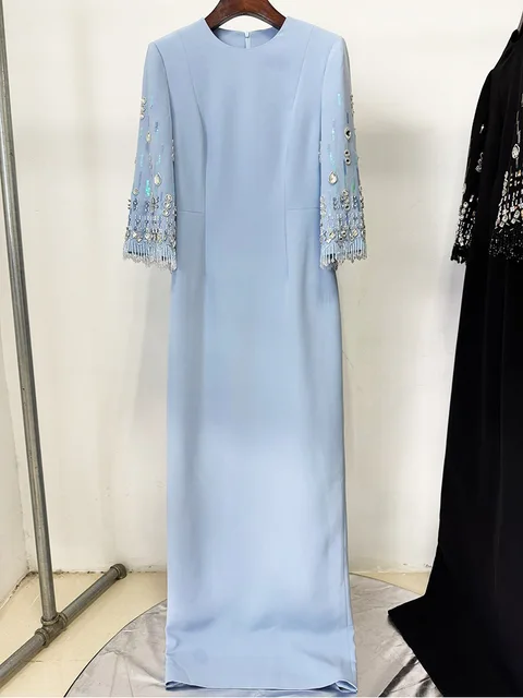 HIGH STREET Newest Fashion 2026 S/S Designer Vestido Women's Half Sleeve Stunning Beaded Long Maxi Dress 3