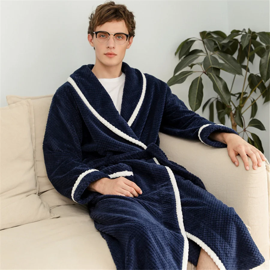 

Winter Warm Flannel Men Bathrobe Thick Long Night Gown Plush Sleepwear Kimono Robe Men's Clothing Homewear Male Dressing Gown