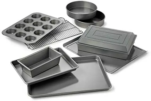 

Bakeware Set, 10-Piece Set Includes Baking Sheet, Cookie Sheet, Cake Pans, Muffin Pan, and More, Dishwasher Safe, Silver Plate f