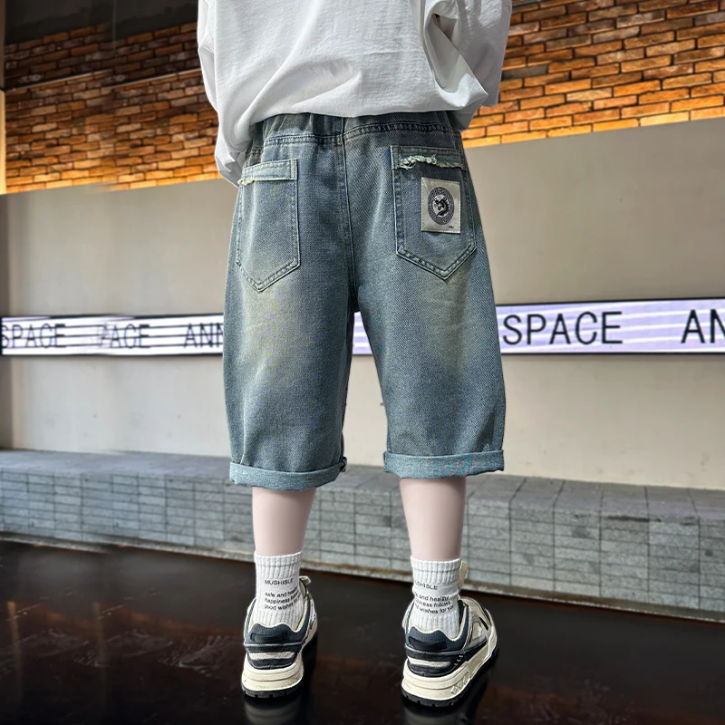Brief Style Children Summer Shorts For Boys Solid Color Patchwork Denim Shorts Jeans Kids Teenager Casual Capris Pants 5 to 14 Y