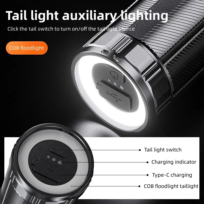 SUPERFIRE Y2 Y5 M22 M19 High Power Flashlight with Tail Light 1000m Zoomable Torch USB C - Lanterna LED Superfire Y2, Zoom, 1400lm, 1000M, incarcare USB-C, Lumina fata, spate, 20W - Solgarden