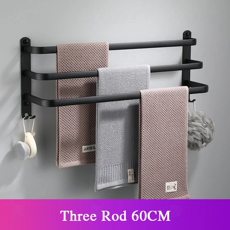 Bathroom Towel Rack 30-60CM Wall Mounted Shower Room Holder Kitchen Aluminum Multilayer Layer Wiht Hook Black Hanger Accessories