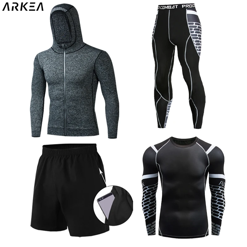 

4 Pieces Men's Tracksuit t shirt compression ​Sports Suit Gym Fitness Clothes Running Jogging Sport Wear Training Exercise