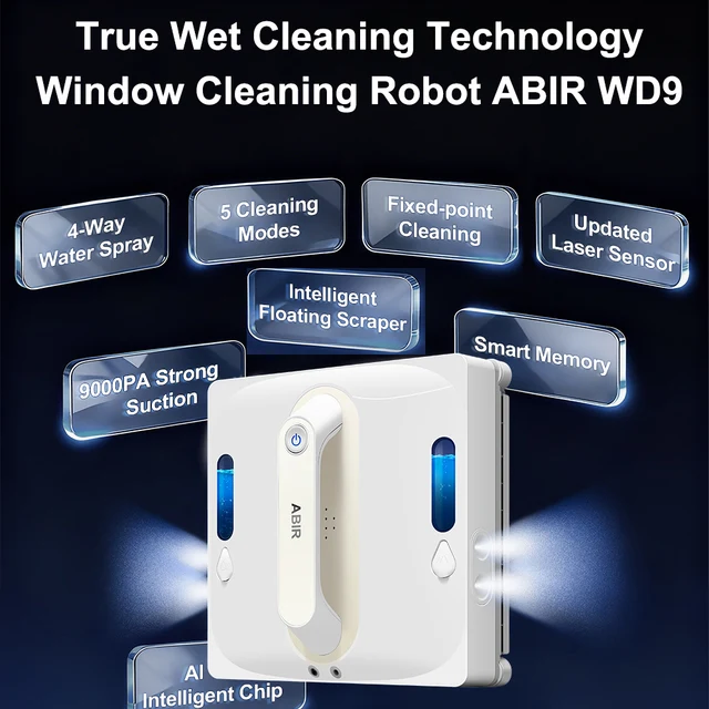 Robot Window Vacuum Cleaner ABIR WD9,4-Way Water Spray, Laser Sensor,9000PA Suction, Low Nosise,Wet Dry Scrape & Wipe in One 2
