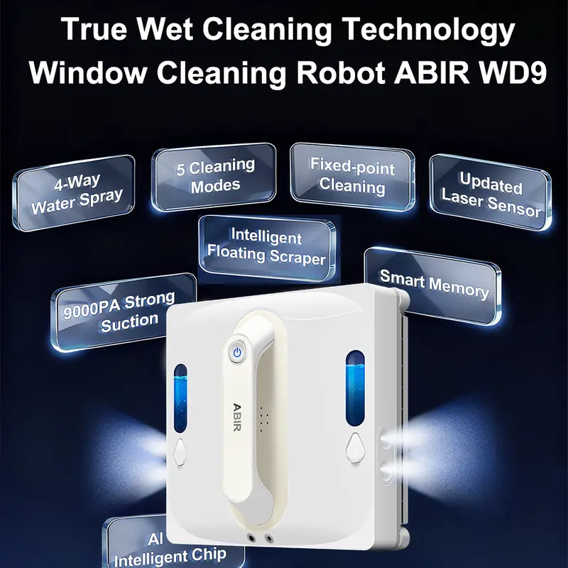 Robot Window Vacuum Cleaner ABIR WD9,4-Way Water Spray, Laser Sensor,9000PA Suction, Low Nosise,Wet Dry Scrape & Wipe in One - Image 2