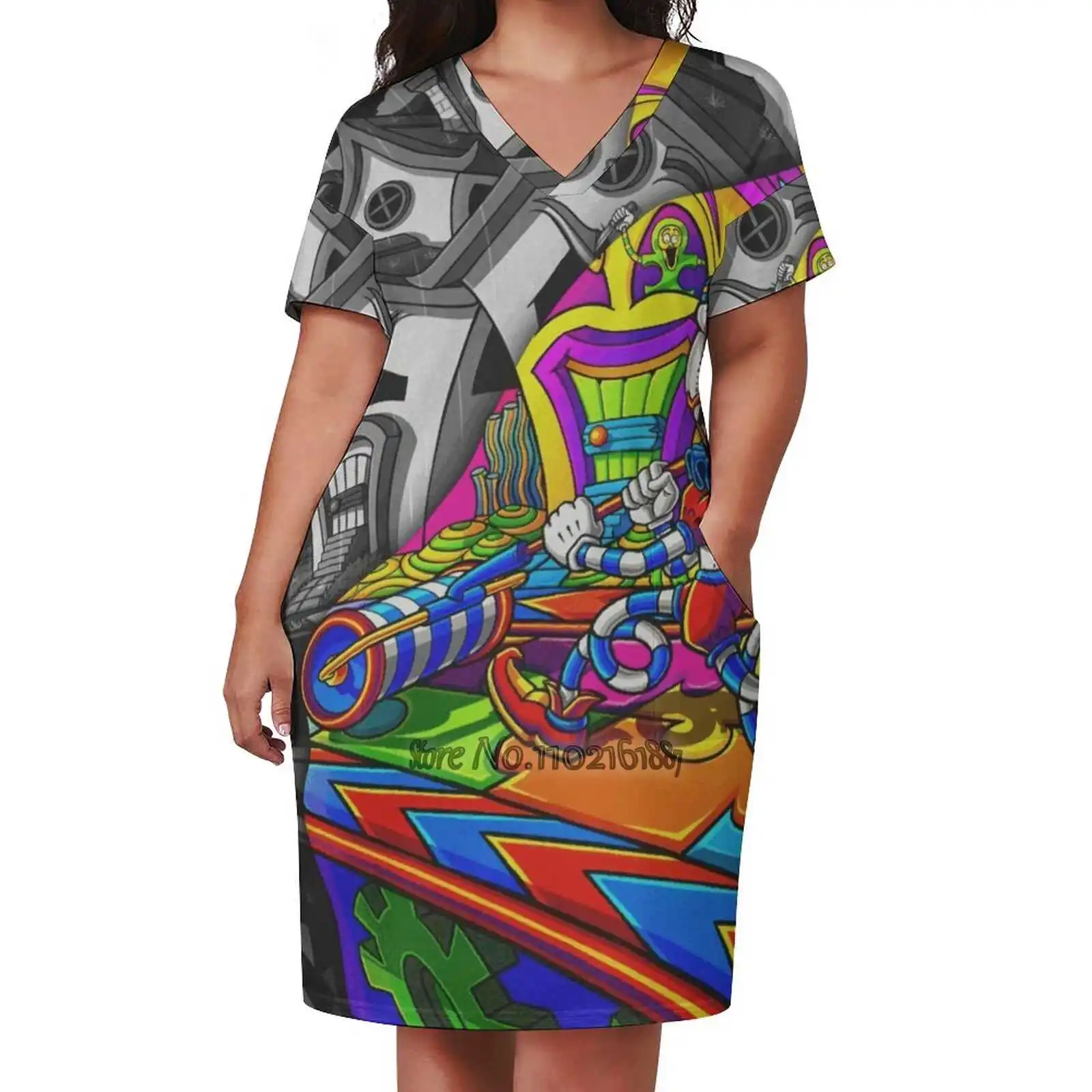 

Qm Fashion Street Dress Loose V-Neck Short Sleeve Skirt Casual Party Skirt 5Xl Salviadroid Psychedelic Trippy Fractal Shrooms