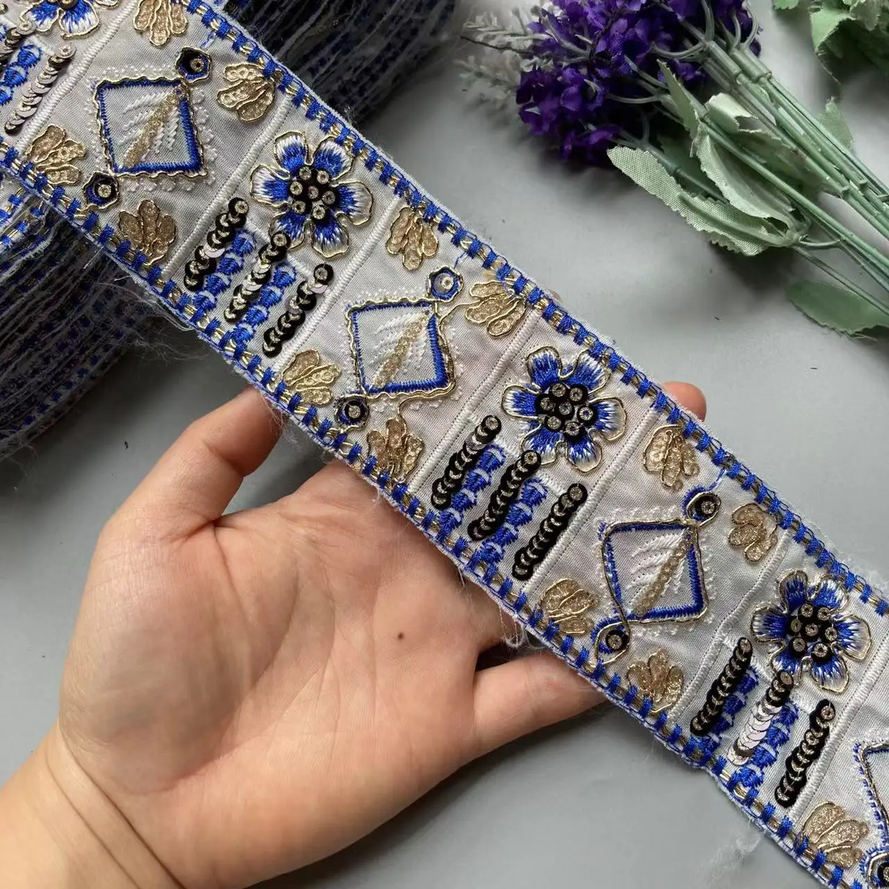 

2 Yards Blue 6cm Sequin Lace Trim Ribbon Flower Fabric Embroidered Trimmings for Sewing Applique Lace Fabric Decorative Swiss