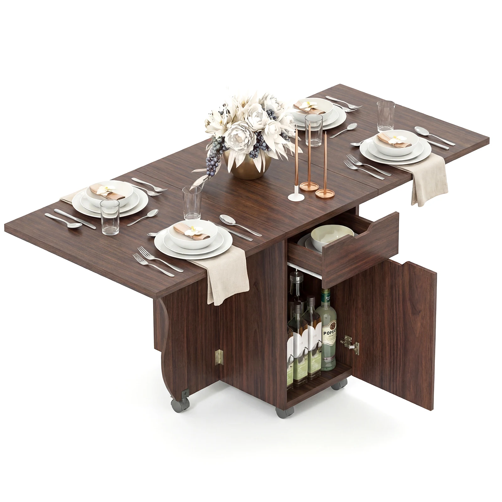 Folding Dining Table w/ Lockable Wheels, 2 Drawers & 2 Cabinets for Small Spaces